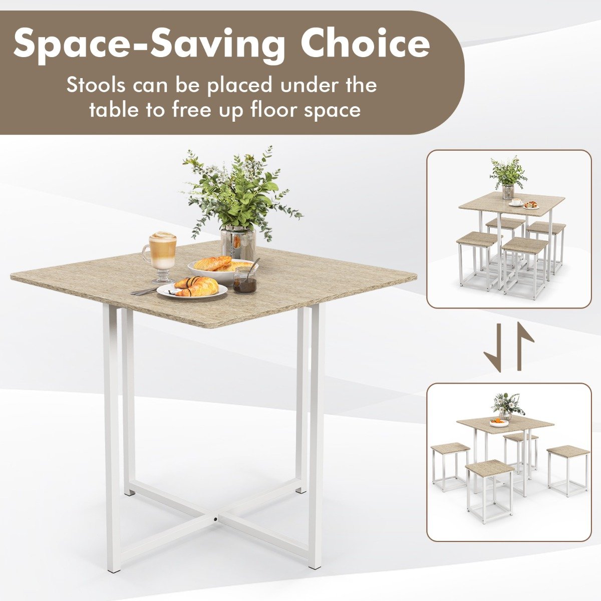 5-Piece Dining Table Set  with 4 Square Stools for Breakfast Nook-Natural