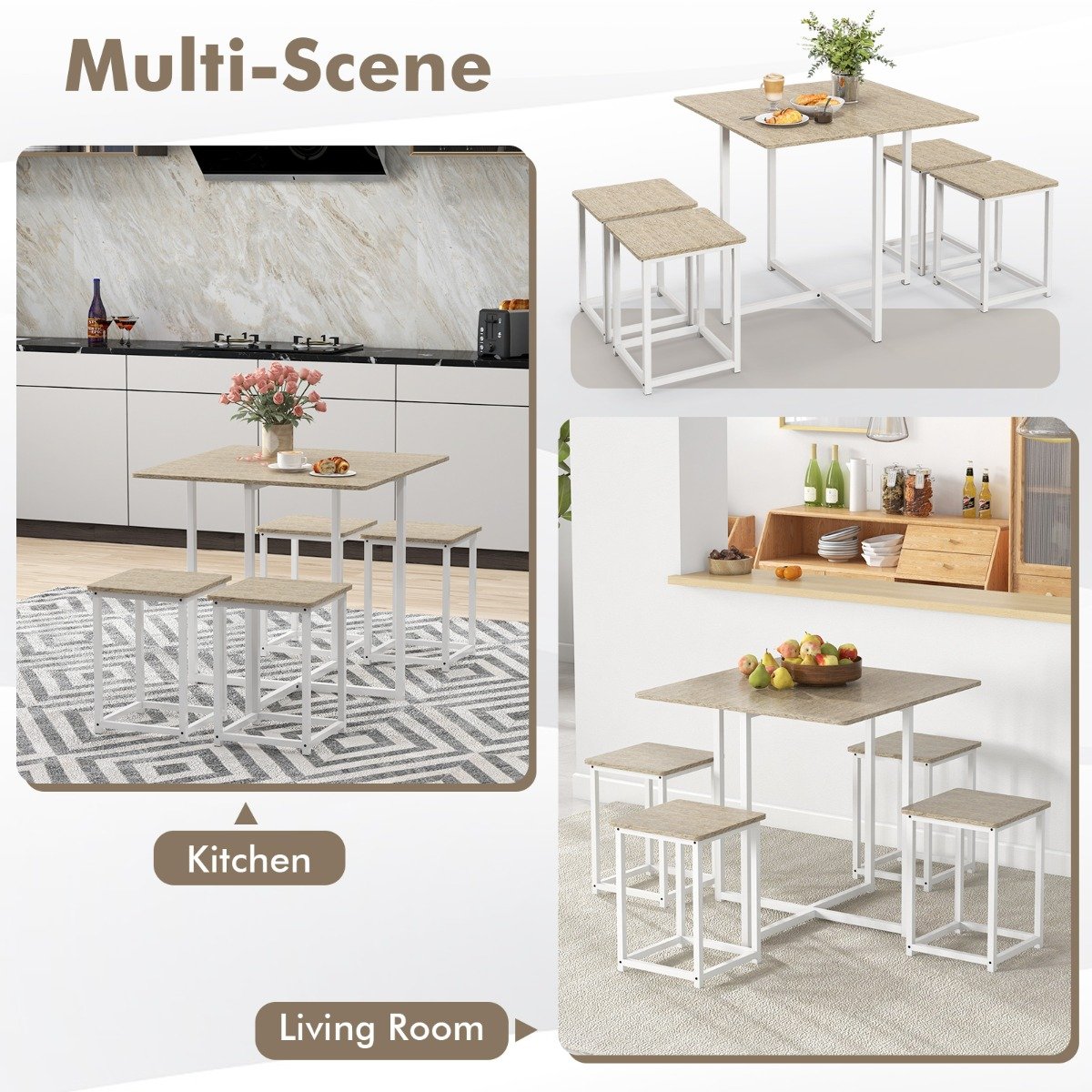 5-Piece Dining Table Set  with 4 Square Stools for Breakfast Nook-Natural