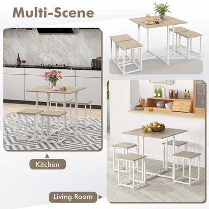 5-Piece Dining Table Set  with 4 Square Stools for Breakfast Nook-Natural