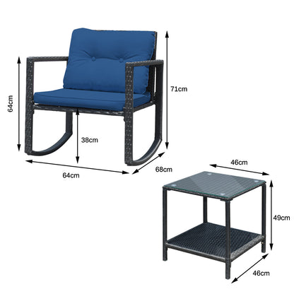 3 Pieces Outdoor Rocking Bistro Set PE Rattan with Cushions-Navy
