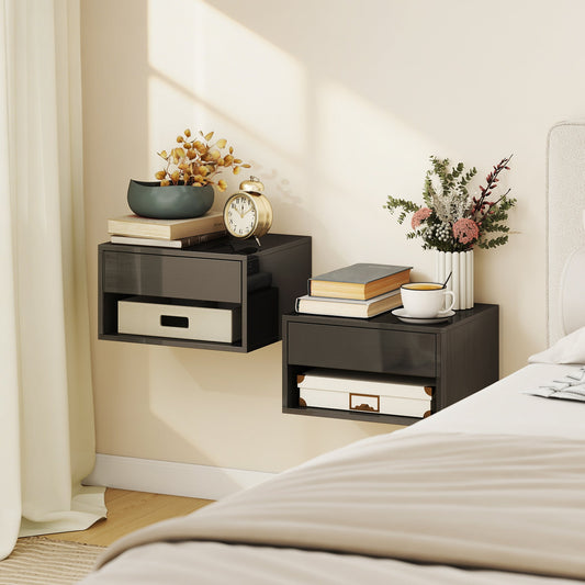 HOMCOM Floating Bedside Tables Set of 2, Wall Mounted Nightstand, High Gloss Black