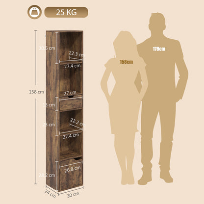 HOMCOM 6-Tier Bookcase, Tall Narrow Bookshelf with Drawer, Door, Adjustable Shelf for Living Room, Rustic Brown