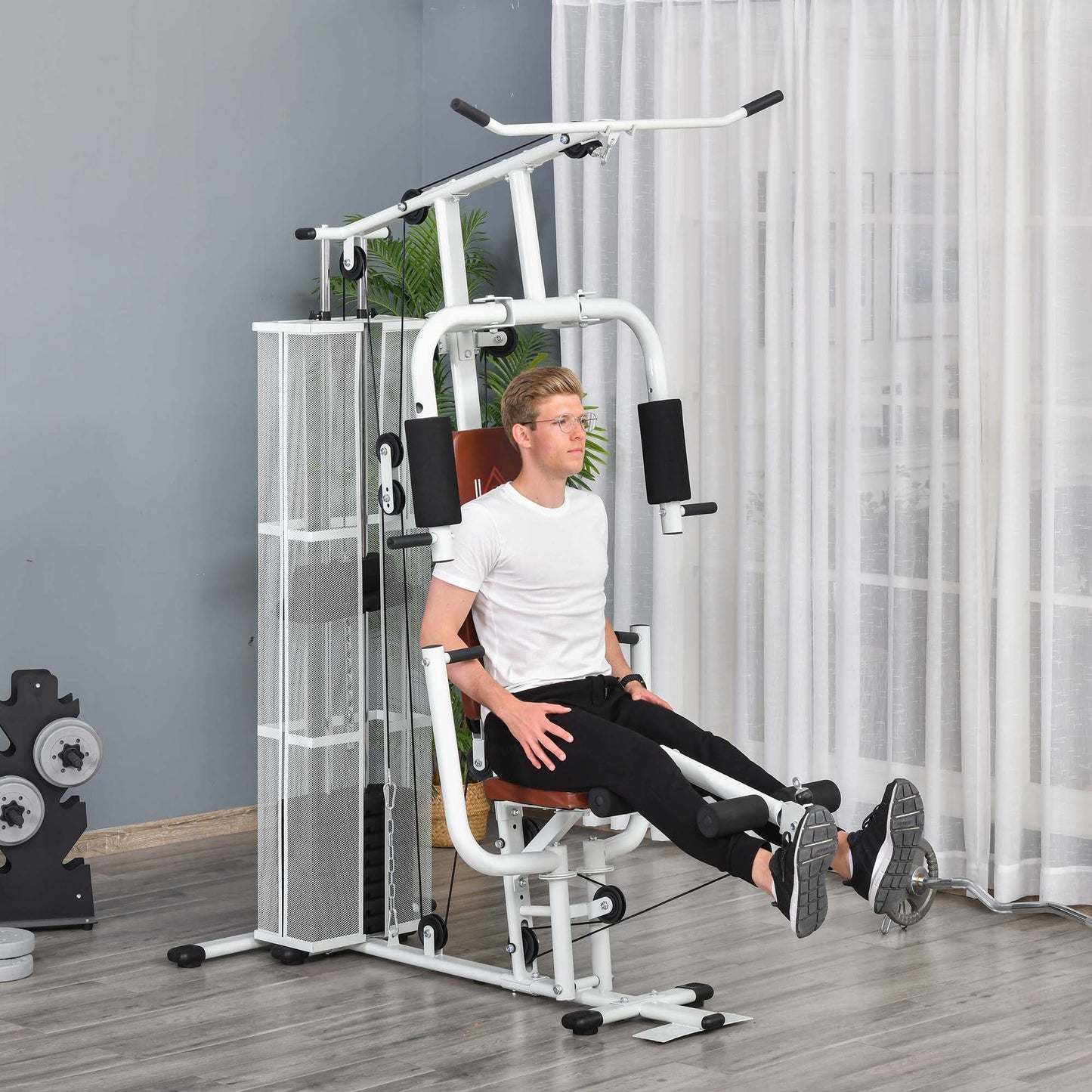 HOMCOM Multifunction Home Gym Weight Training Workout Station Fitness Strength Machine, White