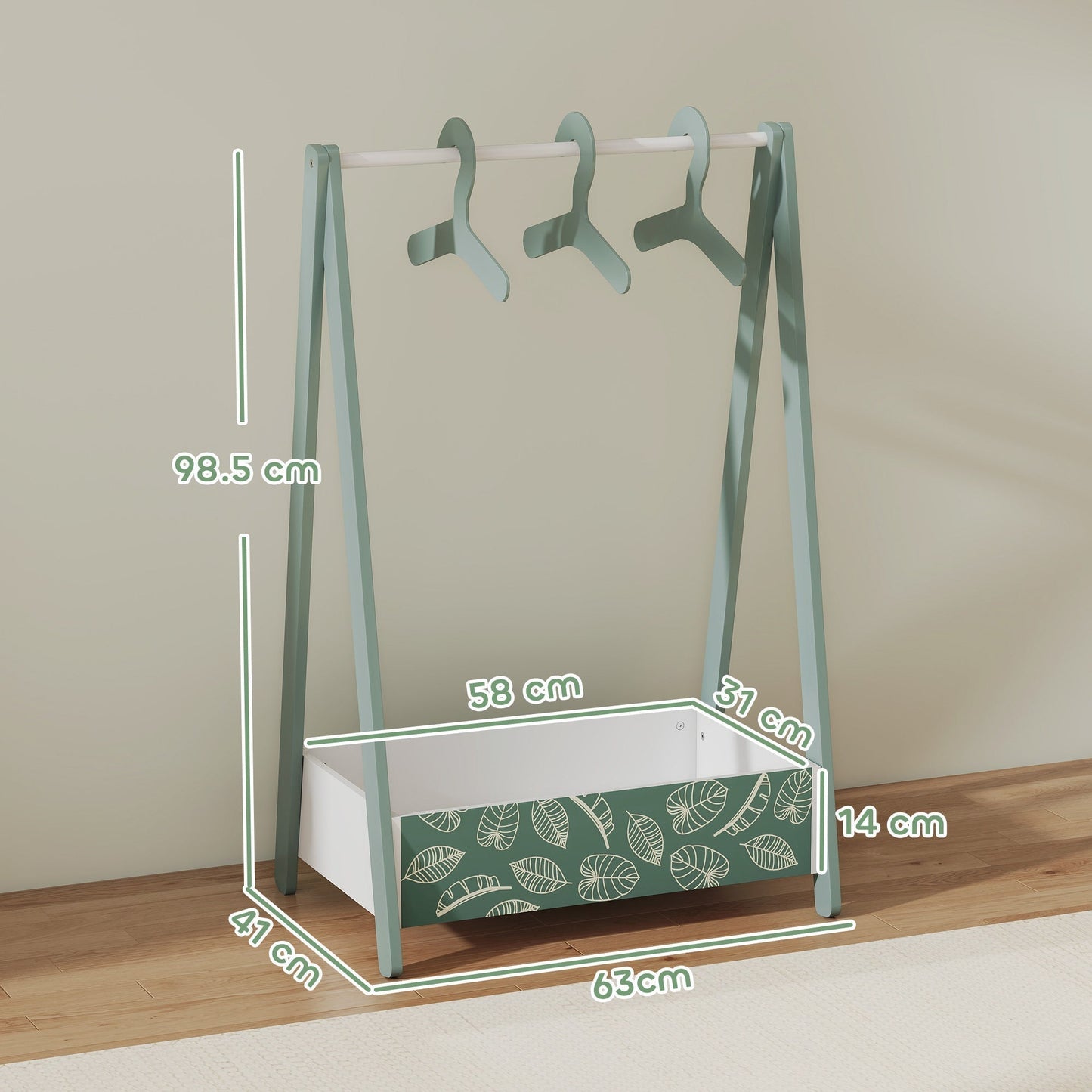 AIYAPLAY Baby Clothing Rack with Hangers, Storage Shelf for Bedroom, Leaf Theme, for Ages 3-6, Green