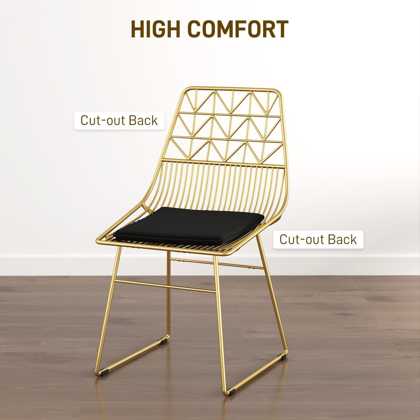 HOMCOM Luxurious Dining Chairs Set of 4, Metal Wire Kitchen Chair with Removable Velvet-feel Cushion, Cut-out Back and Steel Frame for Dining Room, Gold Tone