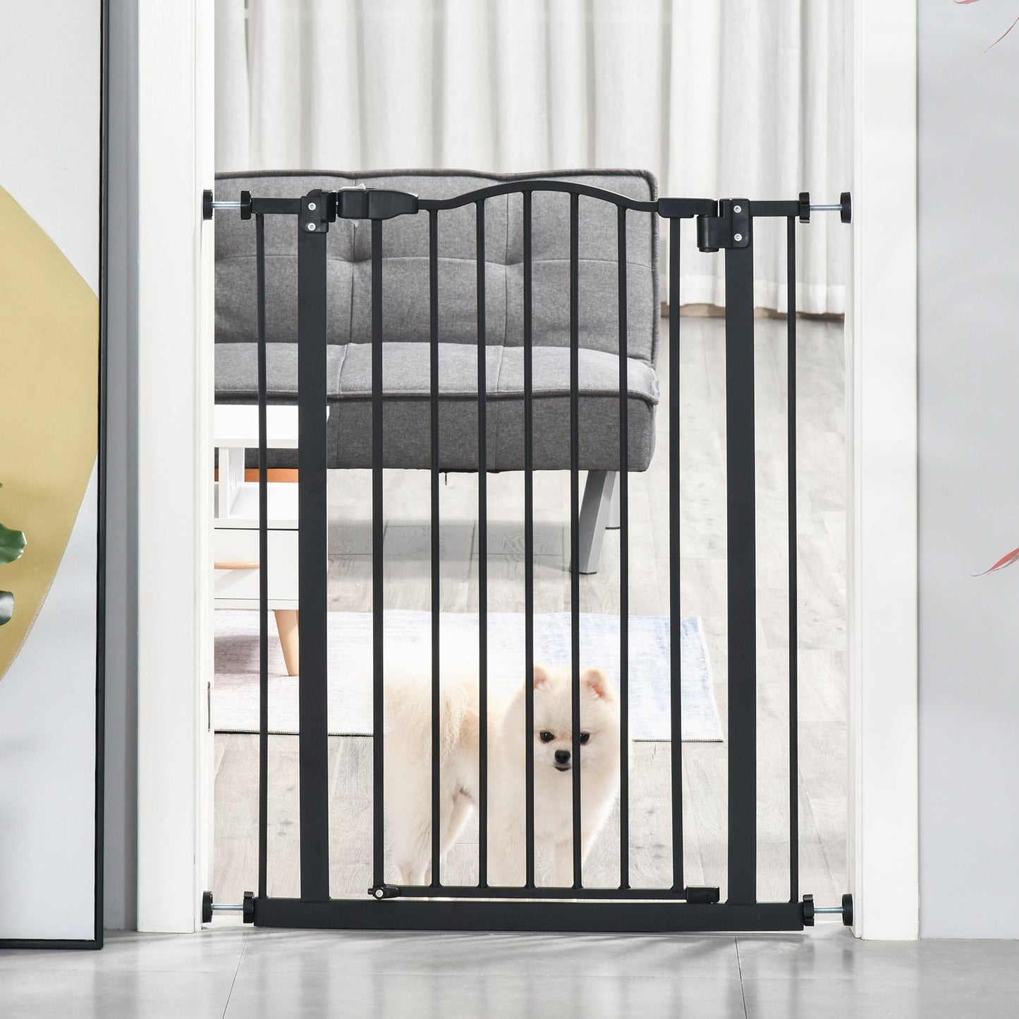 PawHut 74-84cm Adjustable Metal Pet Baby Gate Safety Barrier w/ Auto-Close Door Double Locking Easy-Open Doors Stairs Home Frames Black