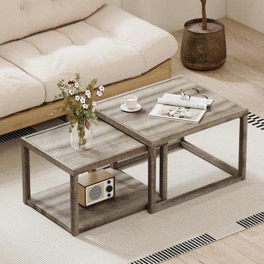 Nesting Coffee Table Set of 2 with Storage Shelf and Rubber Wood Frame-Grey