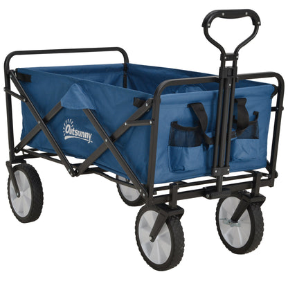 Outsunny Pull Along Cart Folding Cargo Wagon Trailer Trolley for Beach Garden Use with Telescopic Handle - Blue