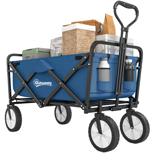 Outsunny 135L Festival Trolley on Wheels, Folding Wagon Camping Trolley Cart with Adjustable Handle, Dual Brakes, Portable Wagon Cart for Outdoor, Garden, Shopping, Fishing, Navy Blue