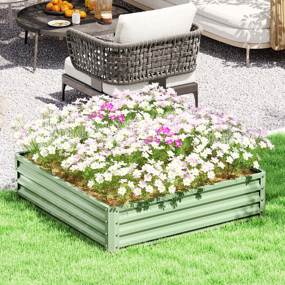 Outsunny Square Raised Garden Bed Box with Weatherized Steel Frame for Vegetables, Flowers, & Herbs, 120 x 120 x 30cm, Light Green