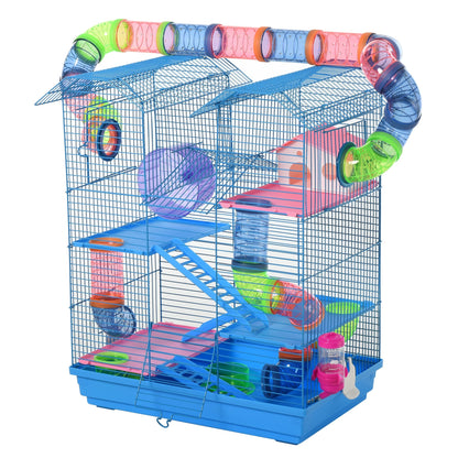 5 Tier Hamster Cage Carrier Habitat with Exercise Wheels Tunnel Tube Water Bottle Dishes House Ladder for Dwarf Mice, Blue