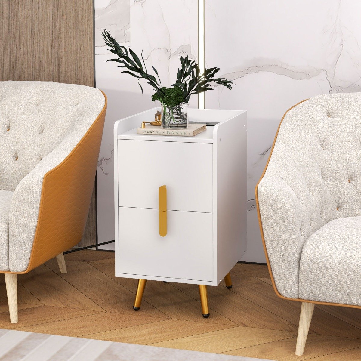 Home Bedside Sofa Side Tables with 2 Drawers and Heavy-duty Metal Legs Support-White