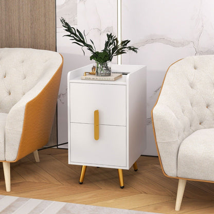 Home Bedside Sofa Side Tables with 2 Drawers and Heavy-duty Metal Legs Support-White