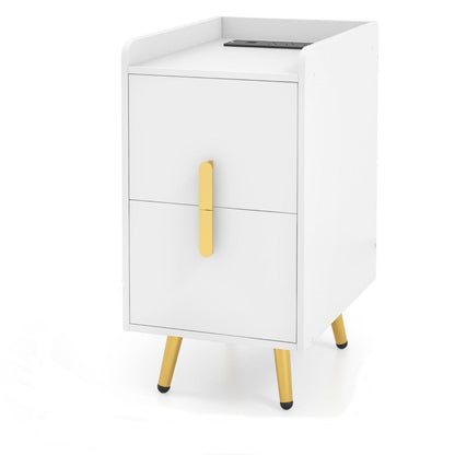 Home Bedside Sofa Side Tables with 2 Drawers and Heavy-duty Metal Legs Support-White