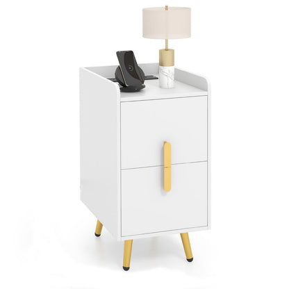 Home Bedside Sofa Side Tables with 2 Drawers and Heavy-duty Metal Legs Support-White