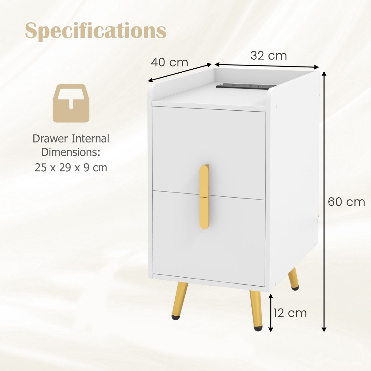 Home Bedside Sofa Side Tables with 2 Drawers and Heavy-duty Metal Legs Support-White