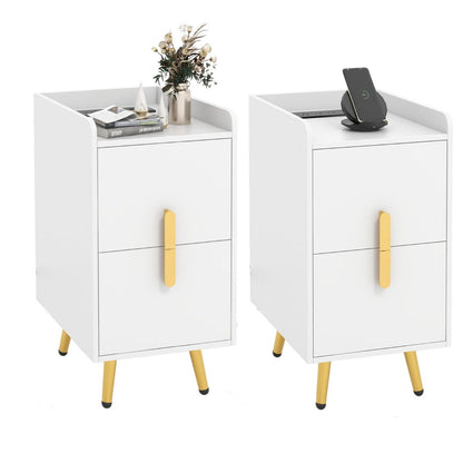 Home Bedside Sofa Side Tables with 2 Drawers and Heavy-duty Metal Legs Support-White