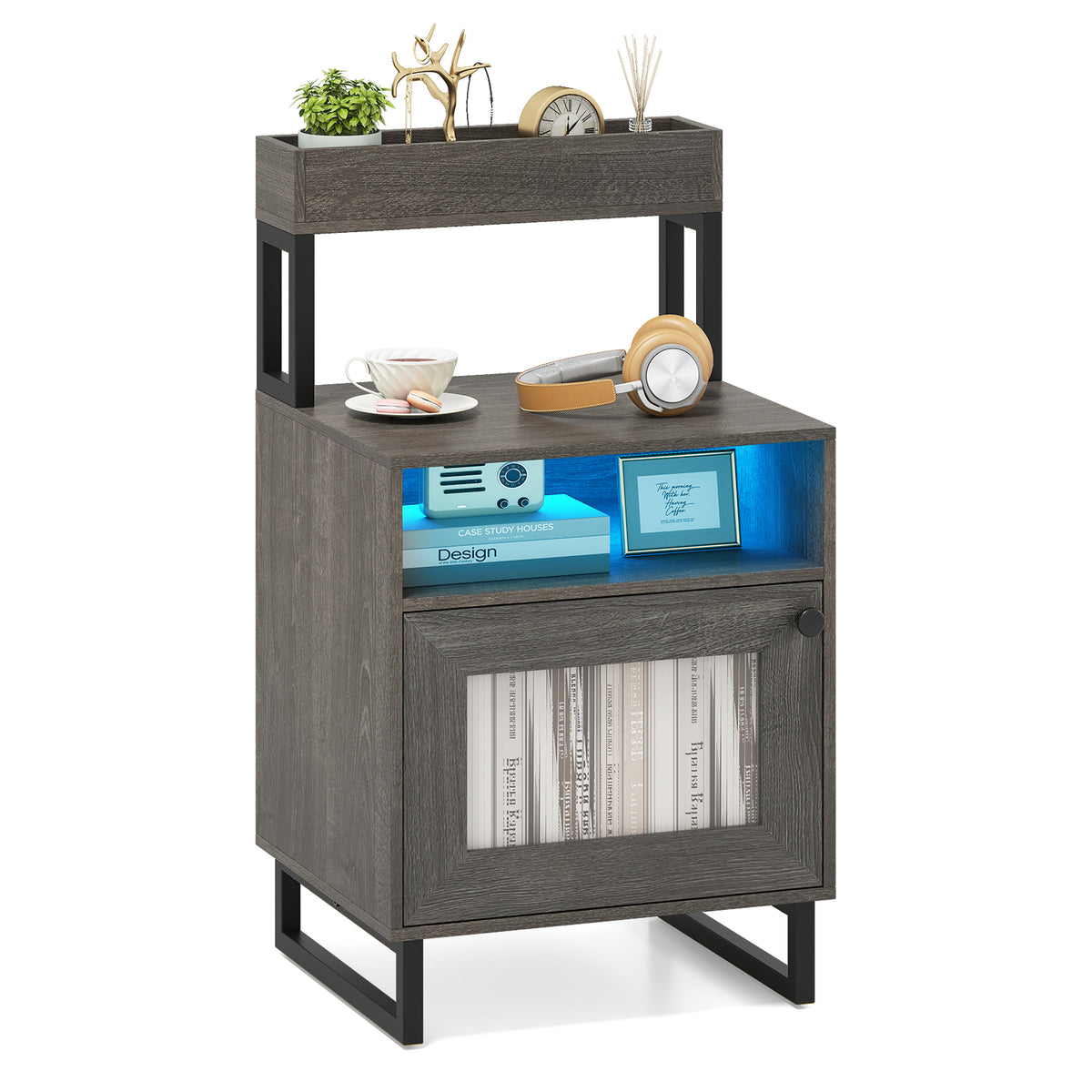 Nightstand with LED Lights Modern End Table with Top Tray-Grey
