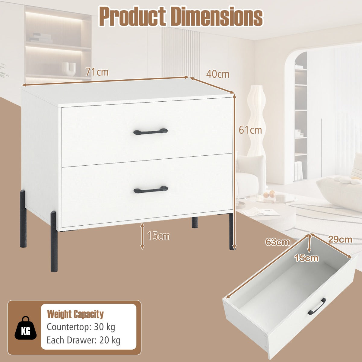Nightstand with 2 Removable Drawers and Heavy Duty Metal Legs-White