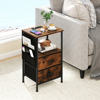 Nightstand with Charging Station and Folding Fabric Drawers-Rustic Brown