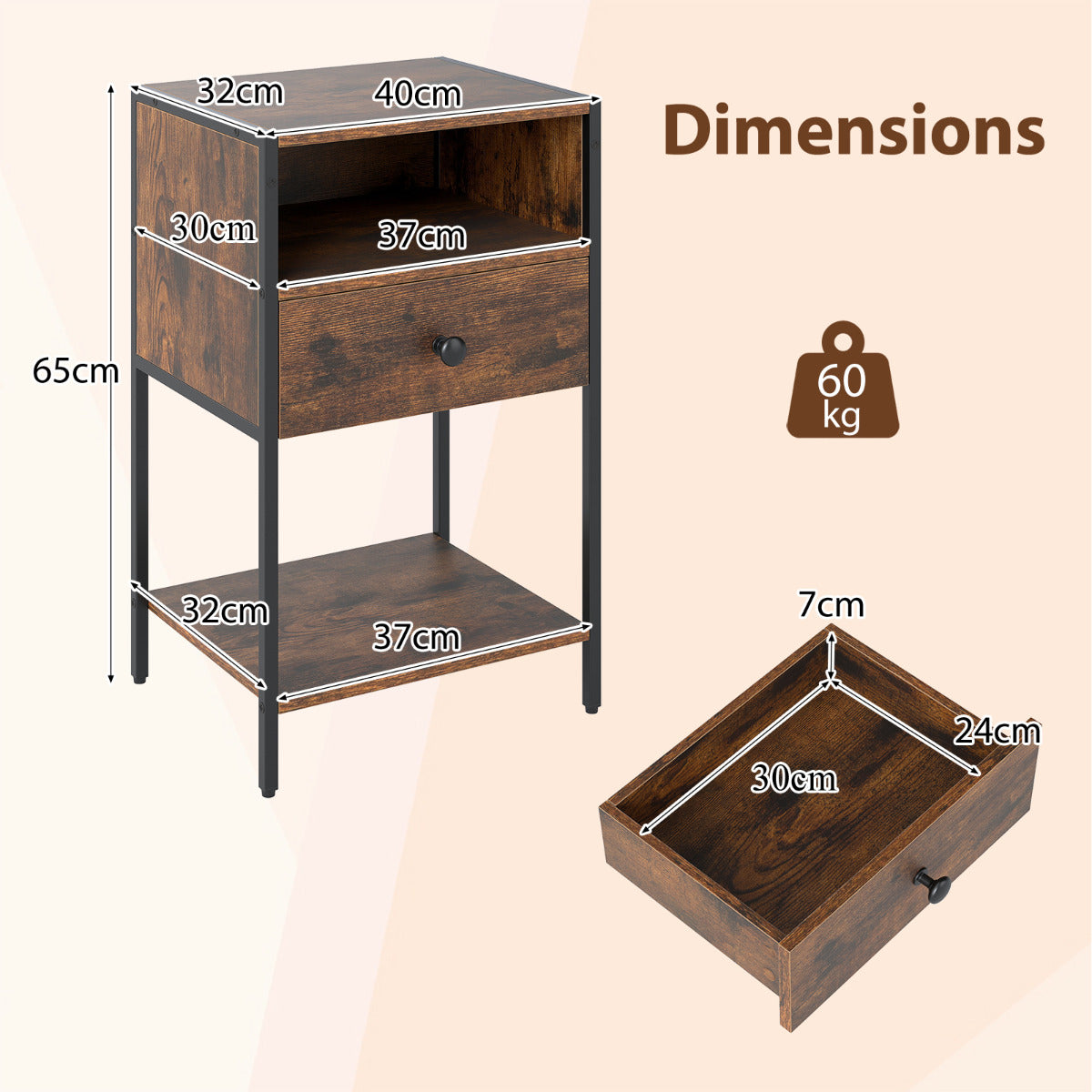 Nightstand with Open Compartment and Storage Shelf-Rustic Brown