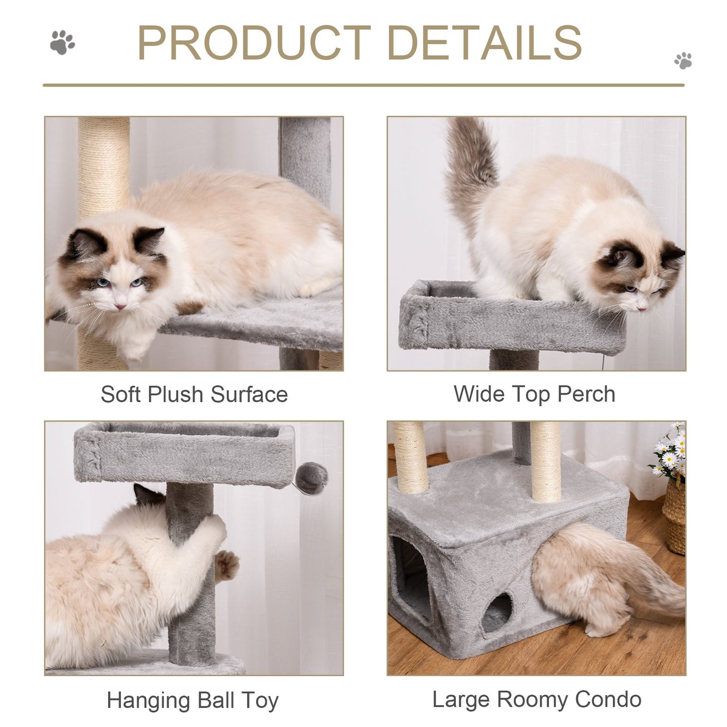 PawHut Cat Tree Kitten Tower مركز أنشطة من 4 مستويات أثاث للحيوانات الأليفة مع عمود خدش من السيزال، مجثمات قطيفة معلقة، ألعاب كروية باللون الرمادي