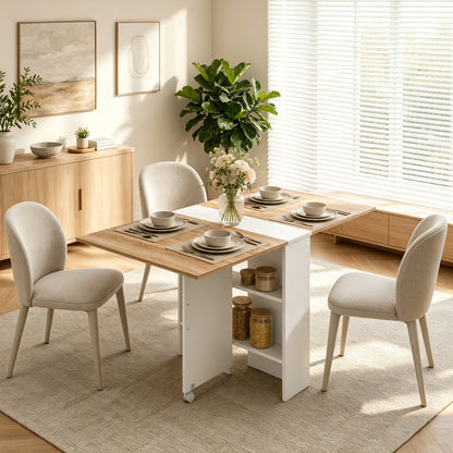 HOMCOM Folding Dining Table, Drop Leaf Table with 2-Tier Shelves, Rolling Casters, White and Natural