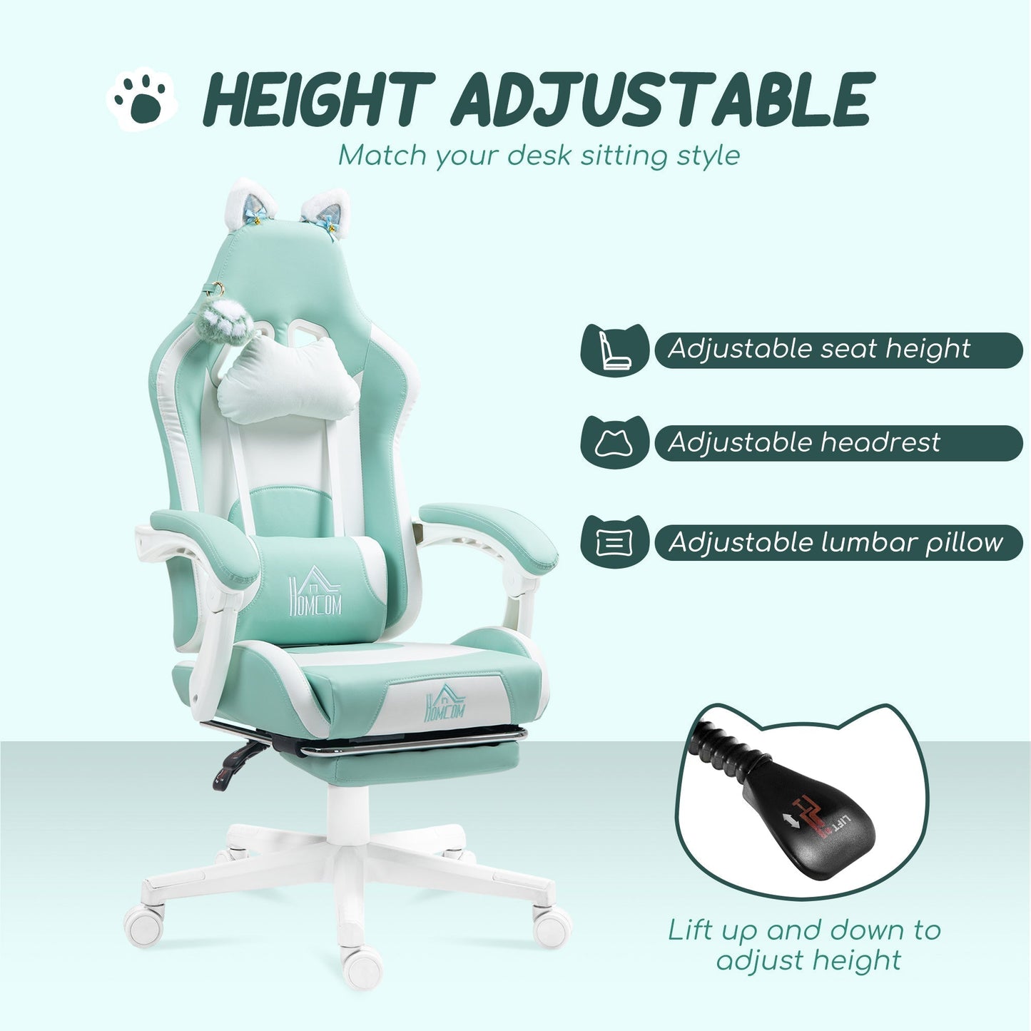 HOMCOM Cat Ear and Paw Reclining Office Chair, with Footrest - Light Blue/White