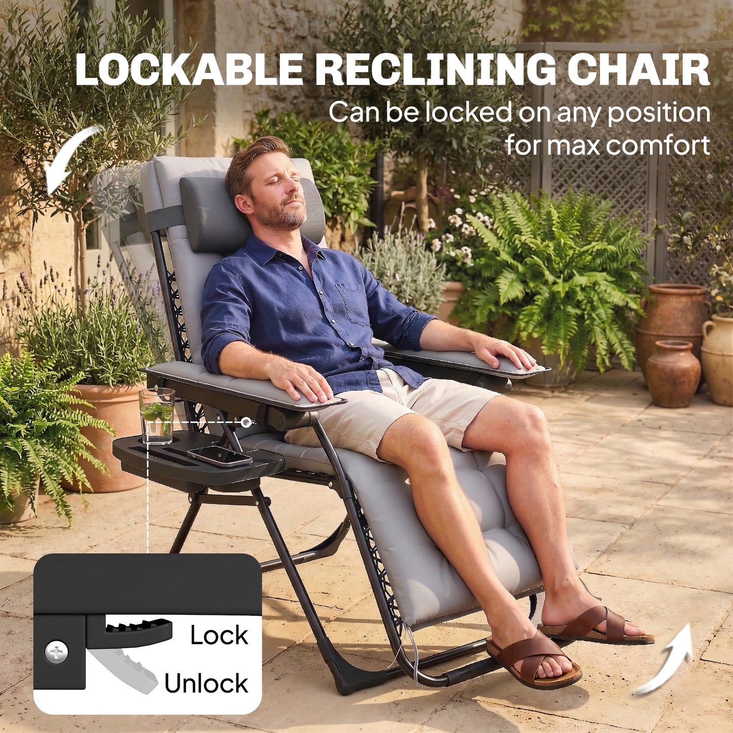 Outsunny Zero Gravity Chair, Folding Sun Lounger Reclining Garden Chair with Arm Pads, Cushion, Cup Holder, Headrest, Light Grey