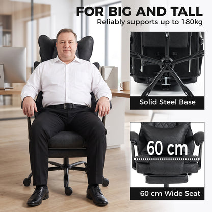 HOMCOM Executive Office Chair, Leathaire Big and Tall Office Chair 180 kg with Wide Seat, Reclining, Lumbar Support, Black