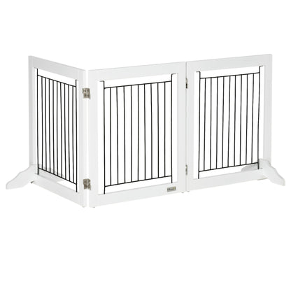 PawHut Dog Gate, Freestanding Pet Gate, Wooden Puppy Fence Foldable Design with 61 cm Height 3 Panels, 2 Support Feet, for House Doorway Stairs, Small Dogs, White