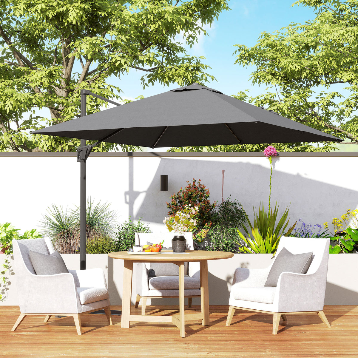 Outsunny Patio Offset Parasol Umbrella with UV Resistant, Cross Base Included, Weights Required - Dark Grey