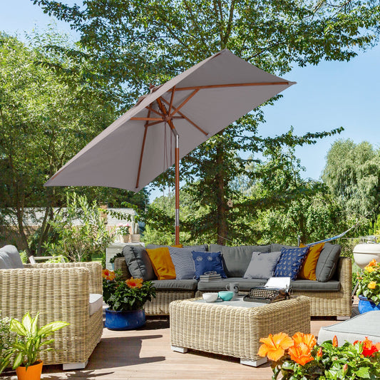 Outsunny 2m x 1.5m Parasol ogrodowy z odchylanym daszkiem przeciwsłonecznym, parasol ogrodowy na stół z drewnianą i bambusową ramą, szary