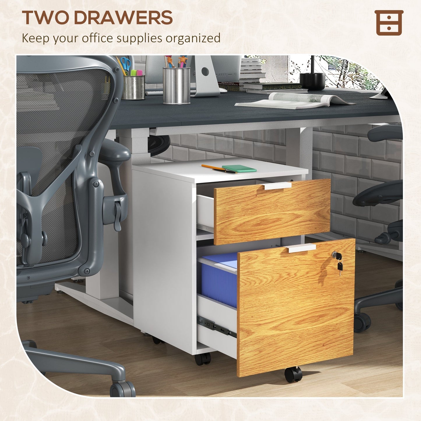 2 Drawer Filing Cabinet with Lock and Wheels, Mobile File Cabinet with Adjustable Hanging Bars for A4 and Letter, Under Desk Office