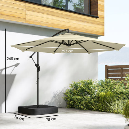 Outsunny 3 m Garden Cantilever Parasol with Cross Base, Sandbag, 360 degrees Rotating Overhanging Banana Umbrella, Beige