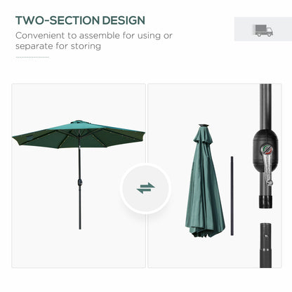 Outsunny 2.7m Patio Garden Umbrella Outdoor Parasol with Tilt Crank and 24 LEDs Lights (Green)