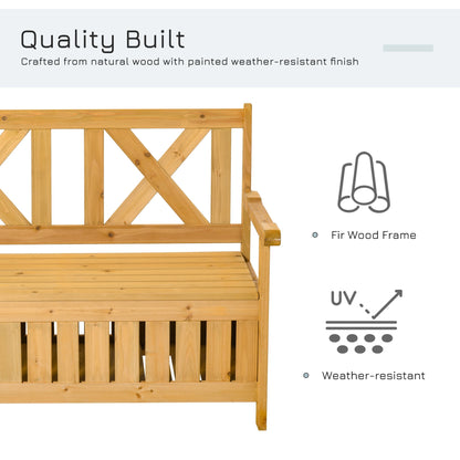 كرسي Outsunny Wood Garden Bench بمقعدين للتخزين في الفناء مع ظهر مرتفع ومسند للذراعين