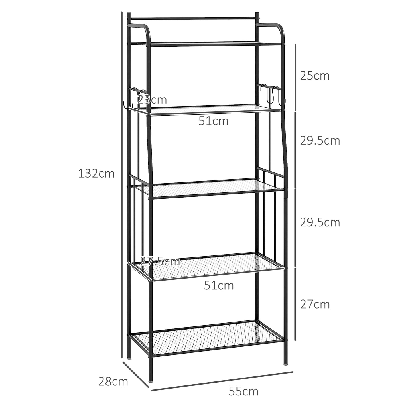 5-Tier Kitchen Storage Unit, Microwave Stand with 5 Mesh Open Shelves and 4 Hooks, Modern Coffee Bar Station with Steel Frame for Living Room, Black