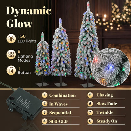 HOMCOM Artificial Christmas Tree Set of 3, Snowy Pre-Lit Christmas Tree with PVC Branch Tips, 90/120/150 cm, Green White