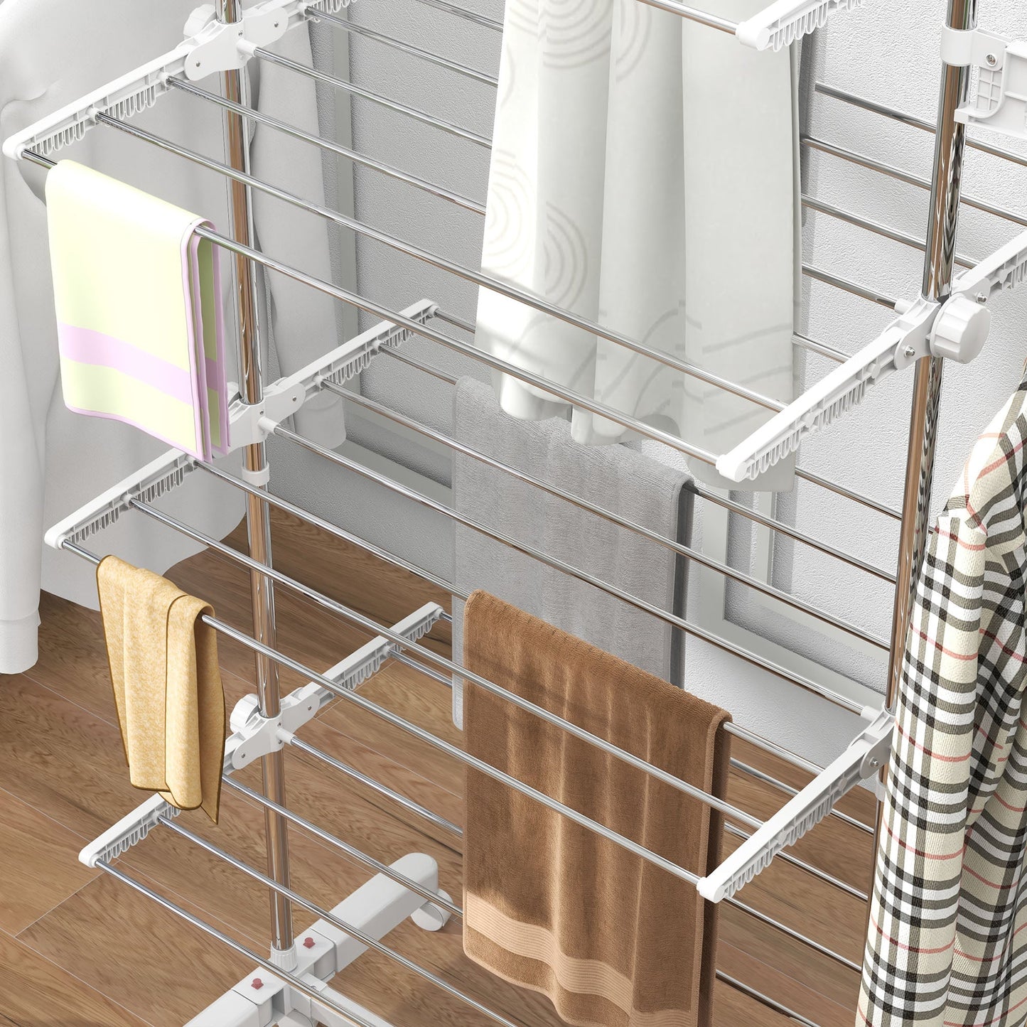 HOMCOM Four-Shelf Collapsing Clothes Horse, With Side Arms and Wheels - White