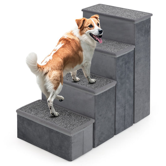 4-Step Non-slip Foldable Dog Stairs  with Adjustable Steps-Grey
