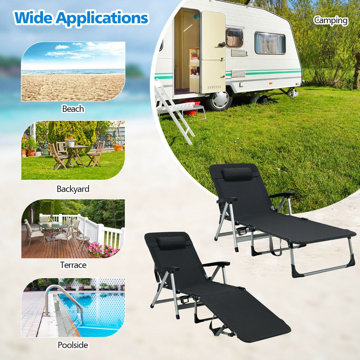 Folding Outdoor Chaise Lounger with Detachable Pillow and Cup Holder-Black