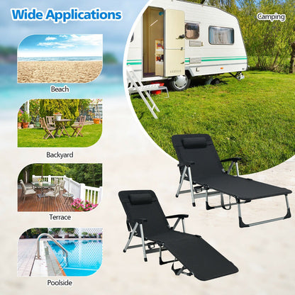 Folding Outdoor Chaise Lounger with Detachable Pillow and Cup Holder-Black