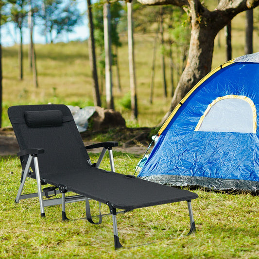 Folding Outdoor Chaise Lounger with Detachable Pillow and Cup Holder-Black