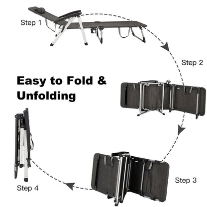 Folding Outdoor Chaise Lounger with Detachable Pillow and Cup Holder-Grey