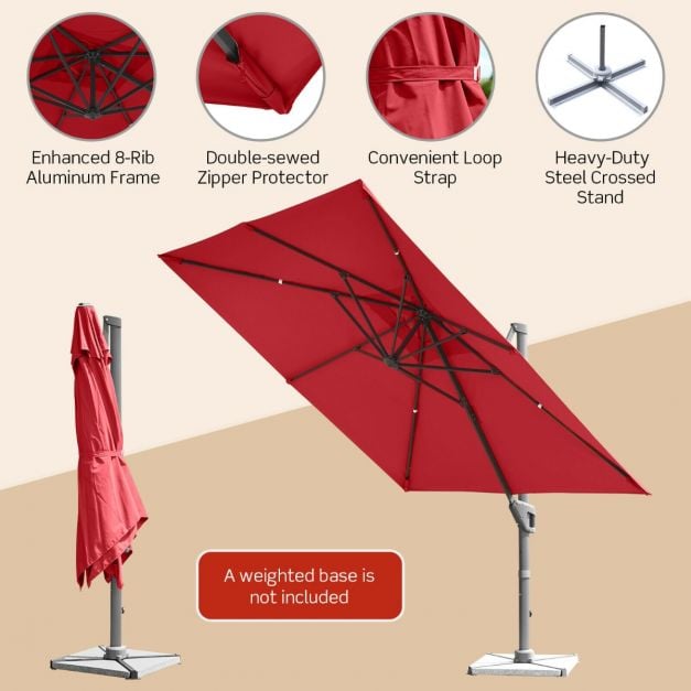 10 x 10 Feet Patio Offset Cantilever Umbrella with Aluminum 360-degree Rotation Tilt-Wine