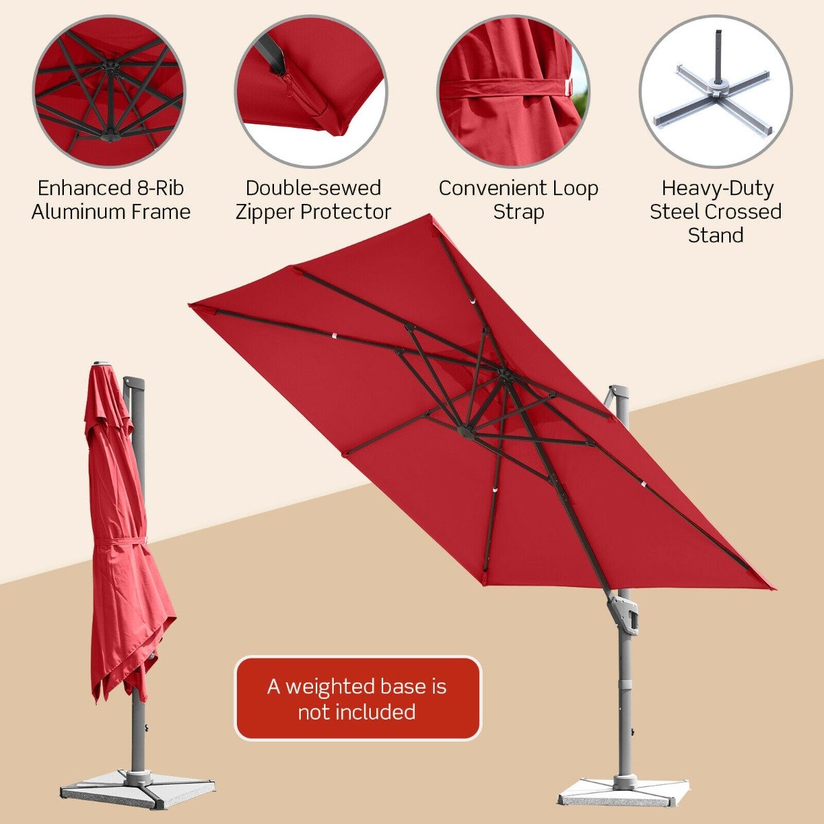 3m Patio Cantilever Umbrella with 4-Level Tilting Adjustment and Crank Handle-Red