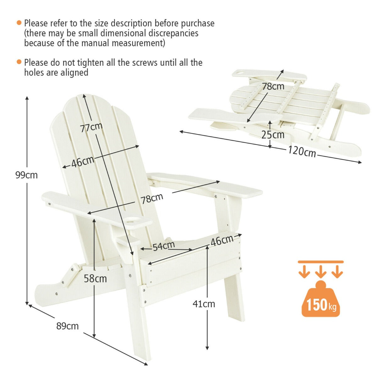 Folding Garden Adirondack Chair with Built-in Cup Holder-White