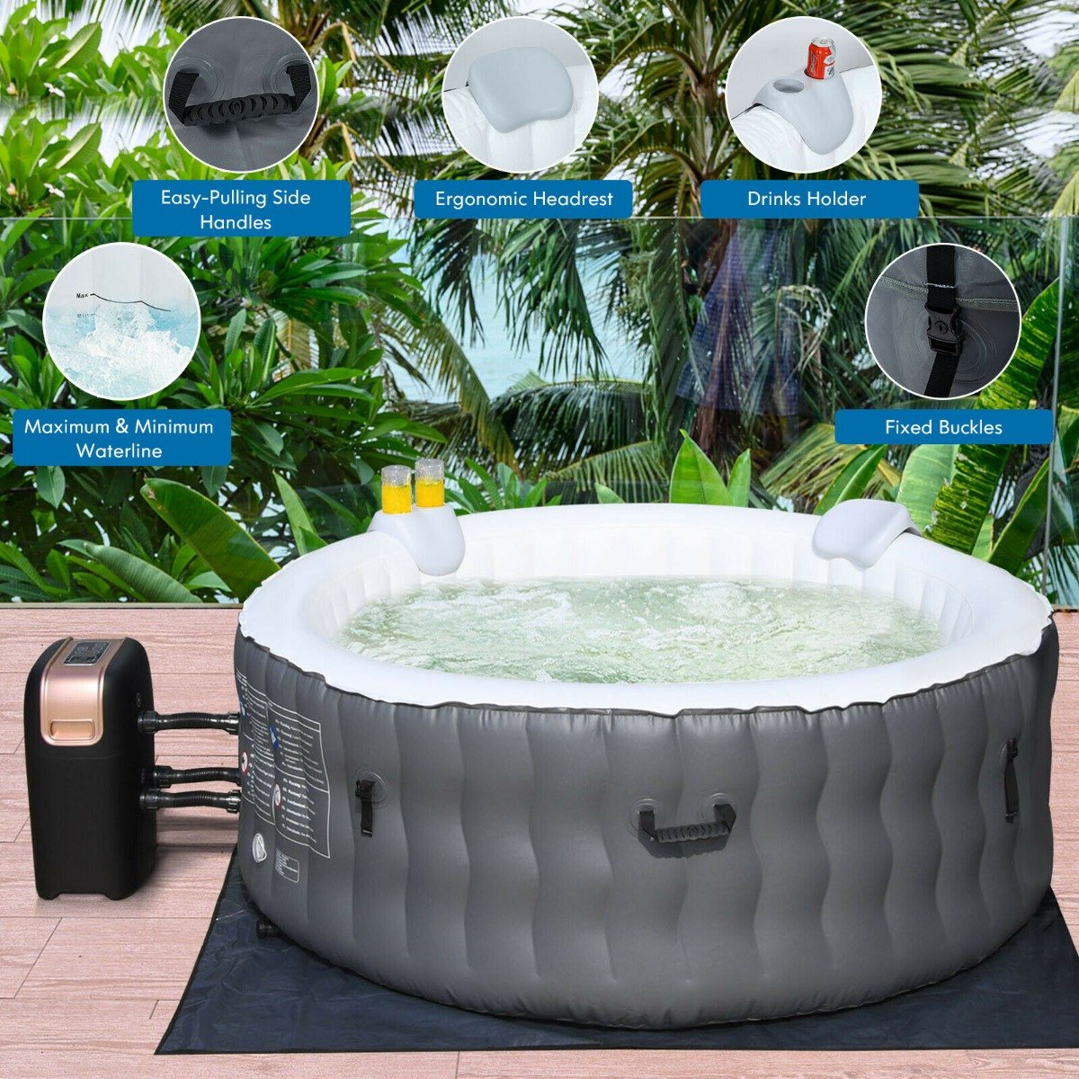 Inflatable Hot Tub with 108 Massage Bubble Jets and Headrest-Grey