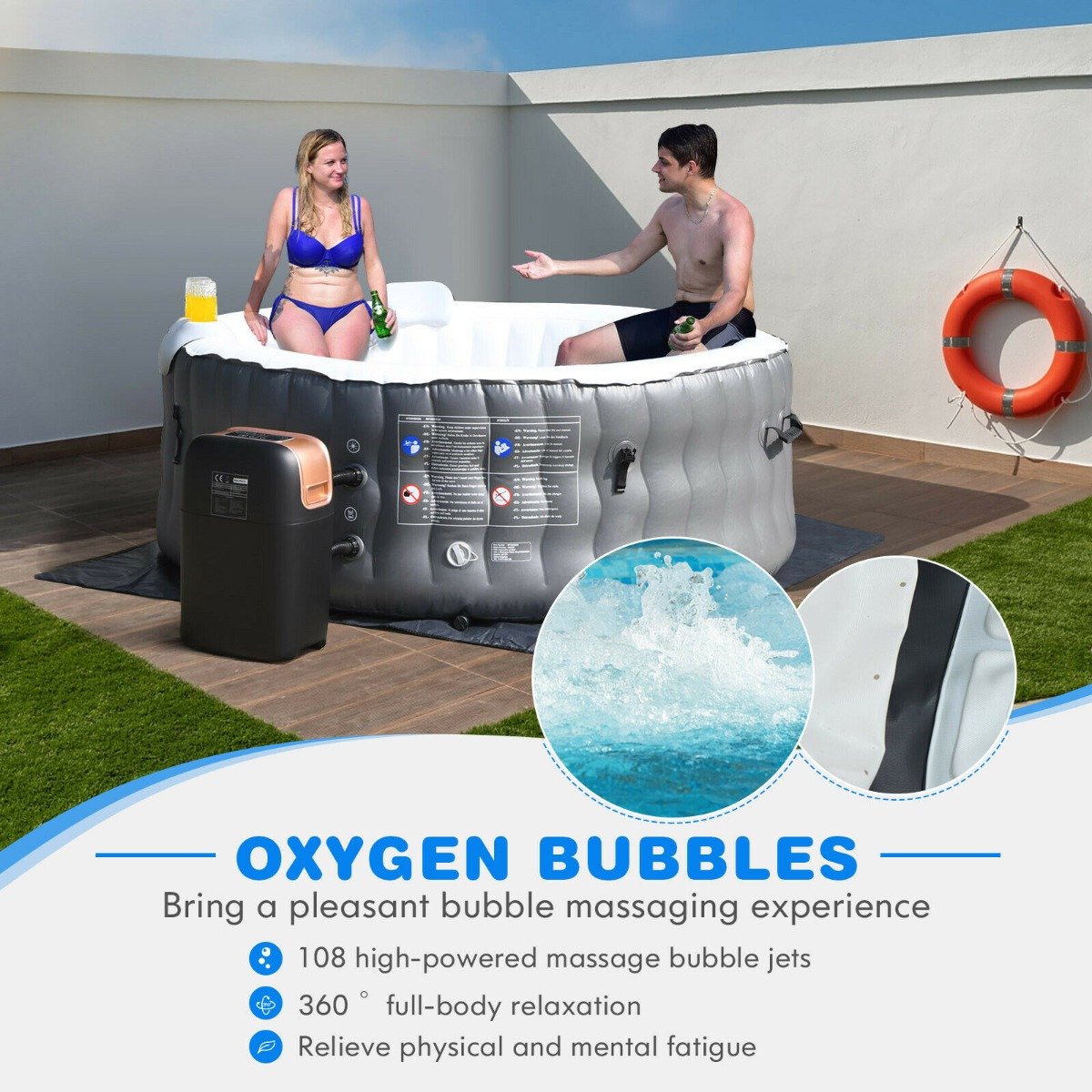 Inflatable Hot Tub with 108 Massage Bubble Jets and Headrest-Grey